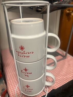 Signature White Stackable Mugs with Red Holiday Script - Set of 3